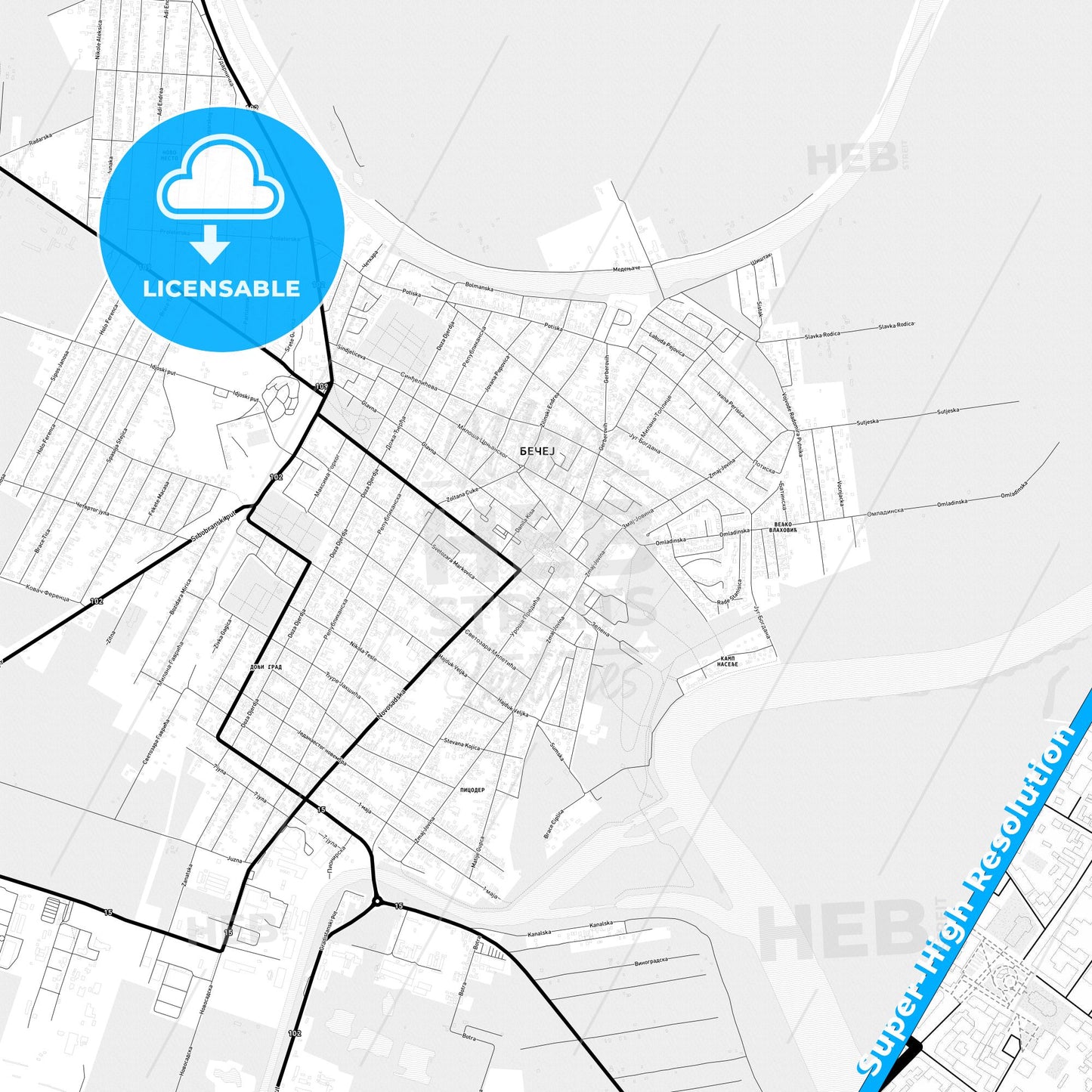 Bečej, Serbia Light Map with Street Names, City Names, and Districts