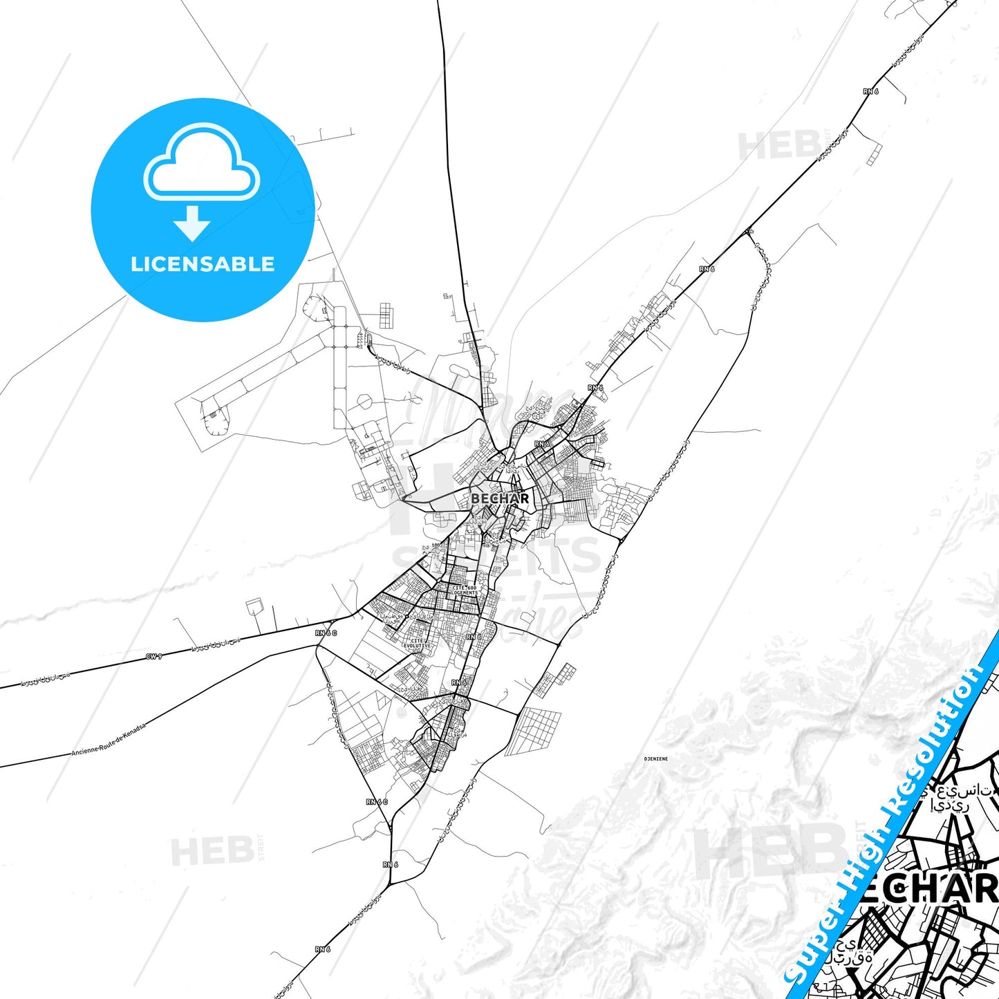 Bechar, Algeria light map with streetnames, citynames and districts