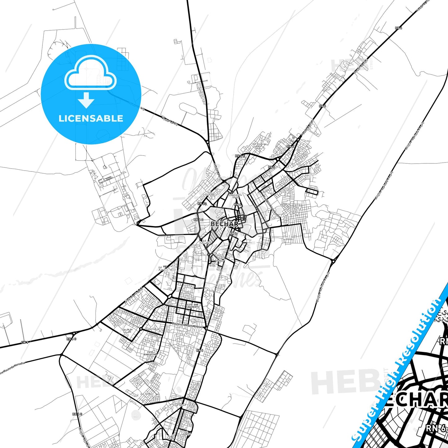 Bechar, Algeria Light Map with Street Names, City Names, and Districts