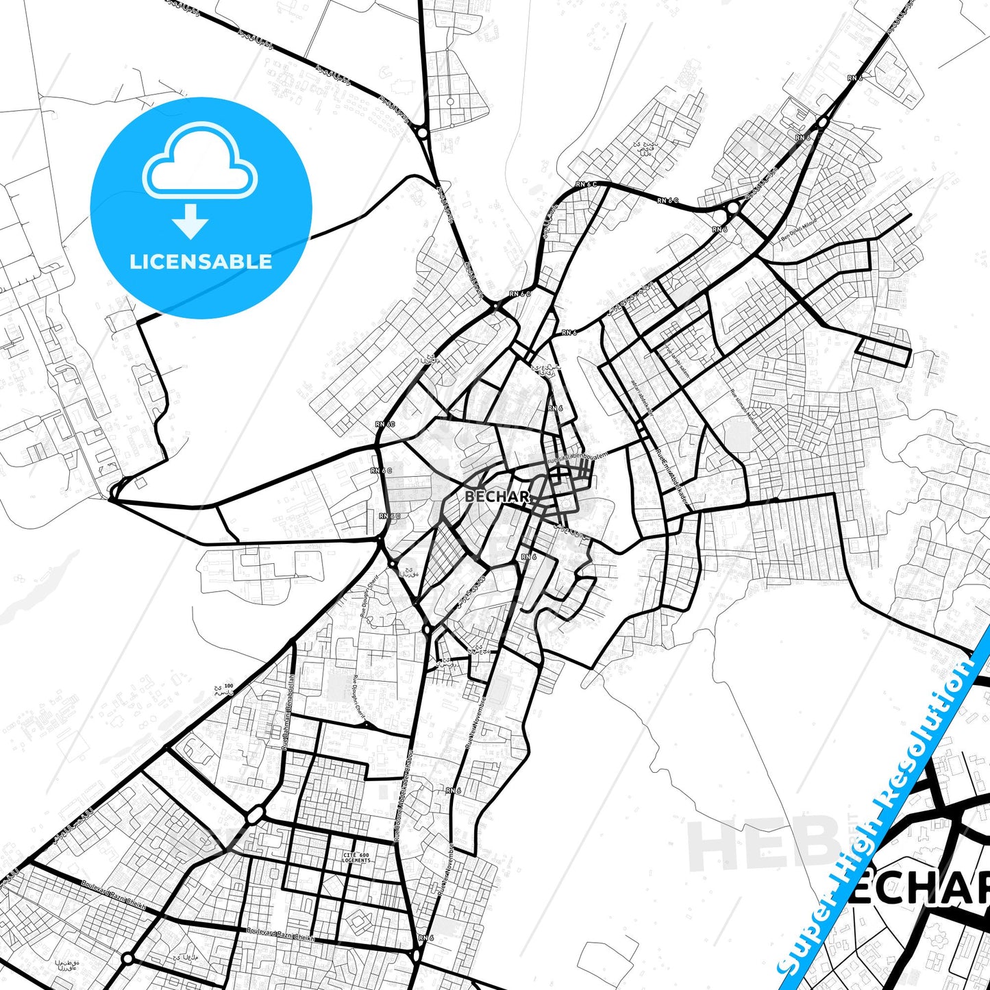Bechar, Algeria Light Map with Street Names, City Names, and Districts