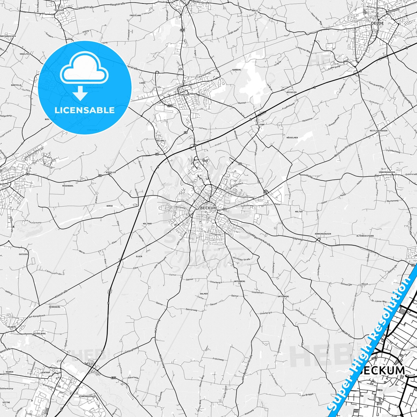 Beckum, Germany light map with streetnames, citynames and districts