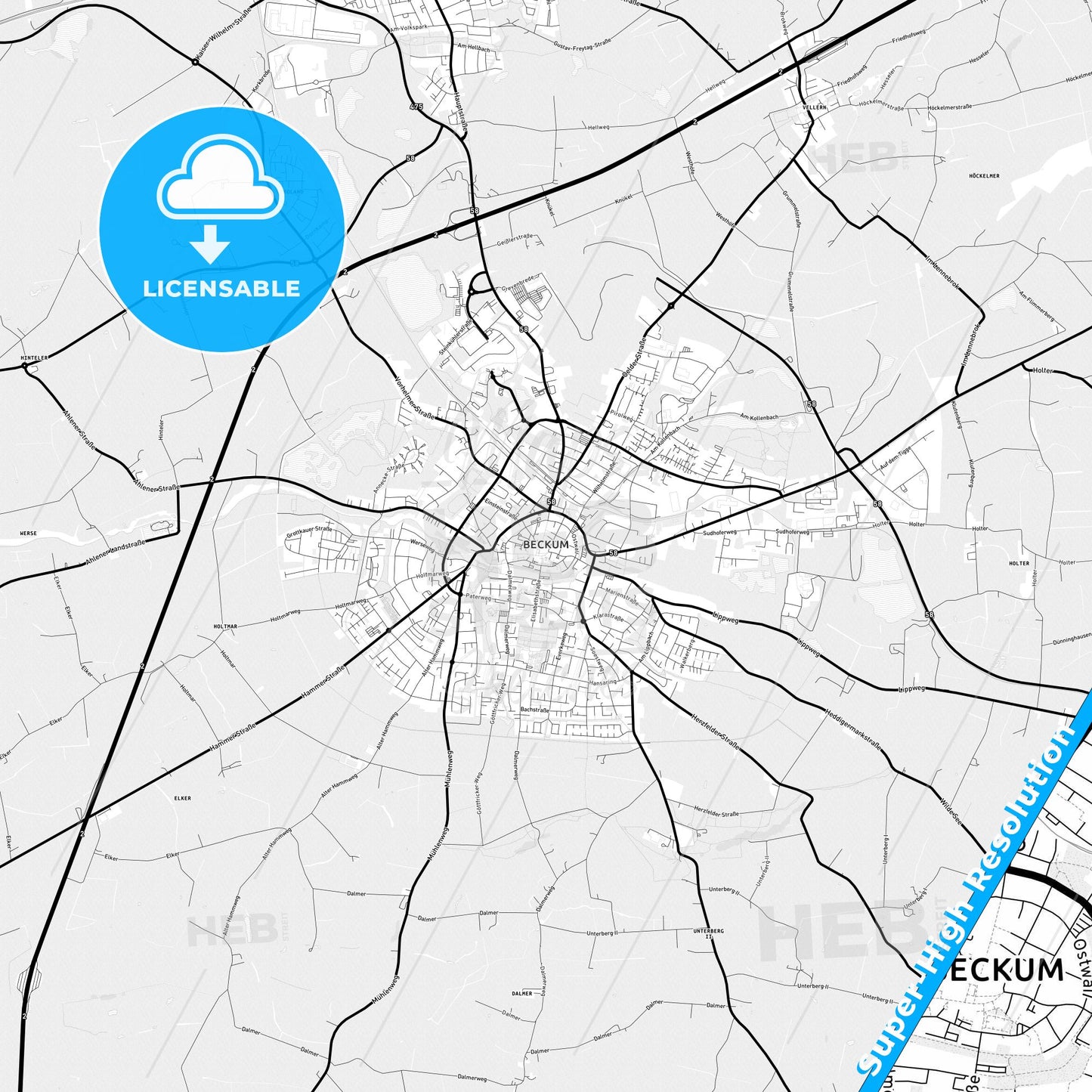 Beckum, Germany Light Map with Street Names, City Names, and Districts