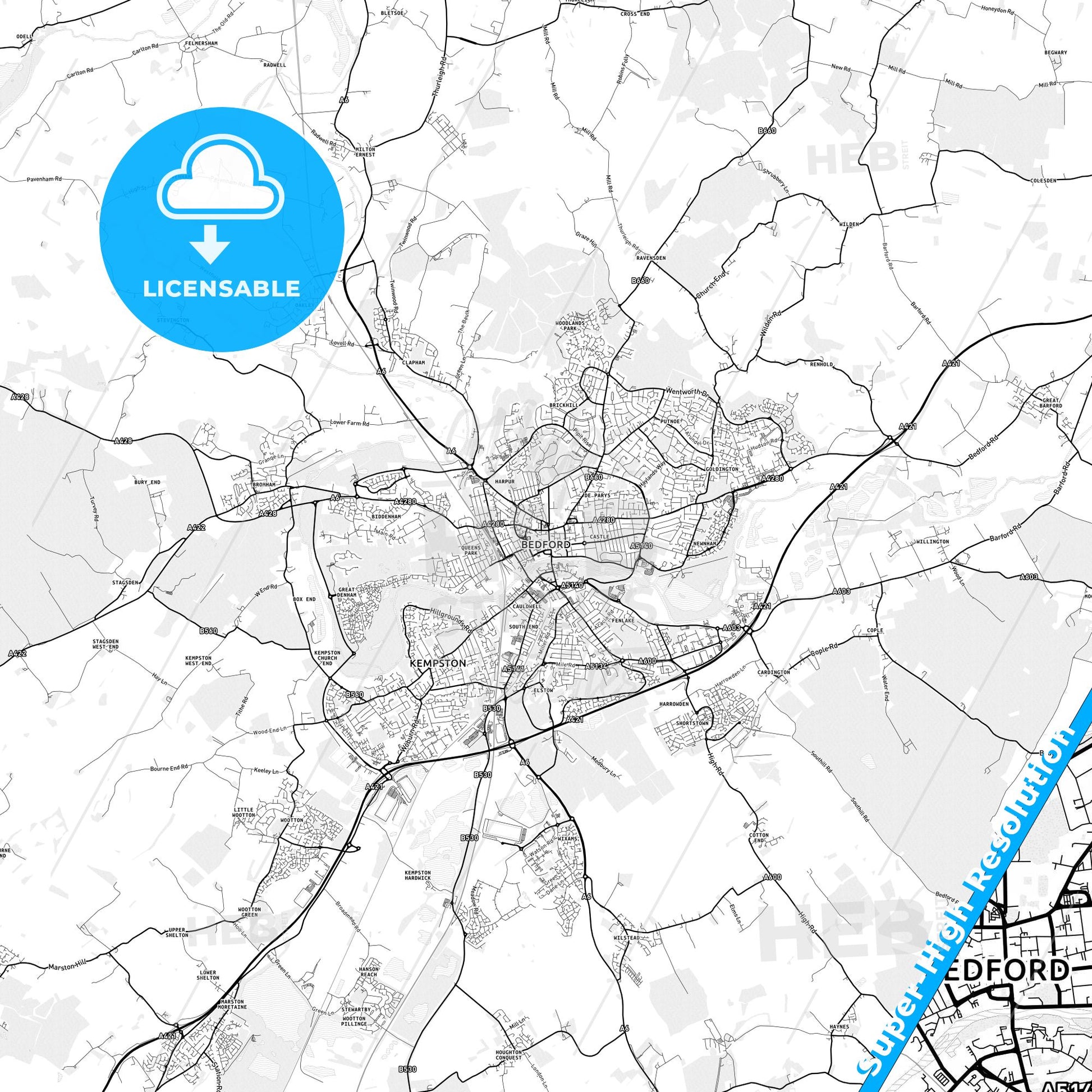 Bedford, England light map with streetnames, citynames and districts