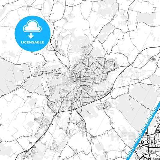 Bedford, England light map with streetnames, citynames and districts