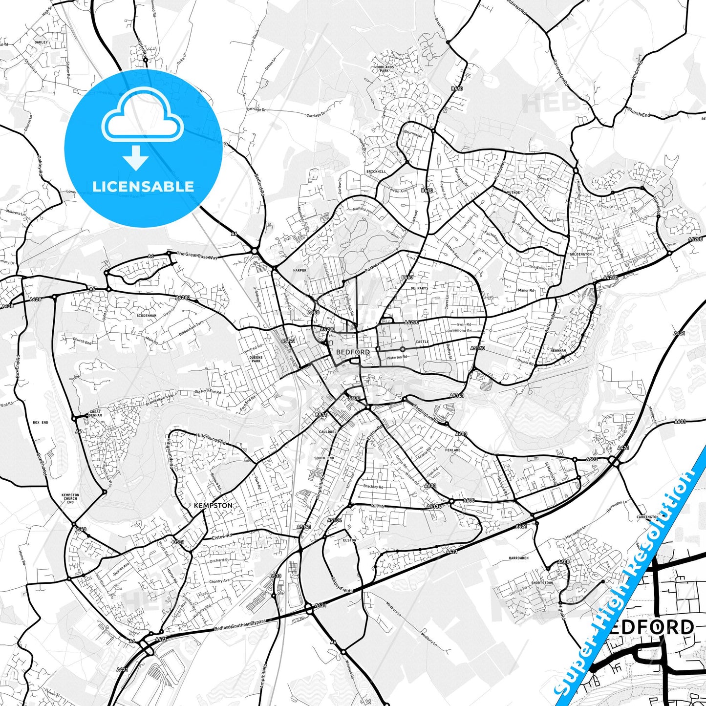 Bedford, England Light Map with Street Names, City Names, and Districts