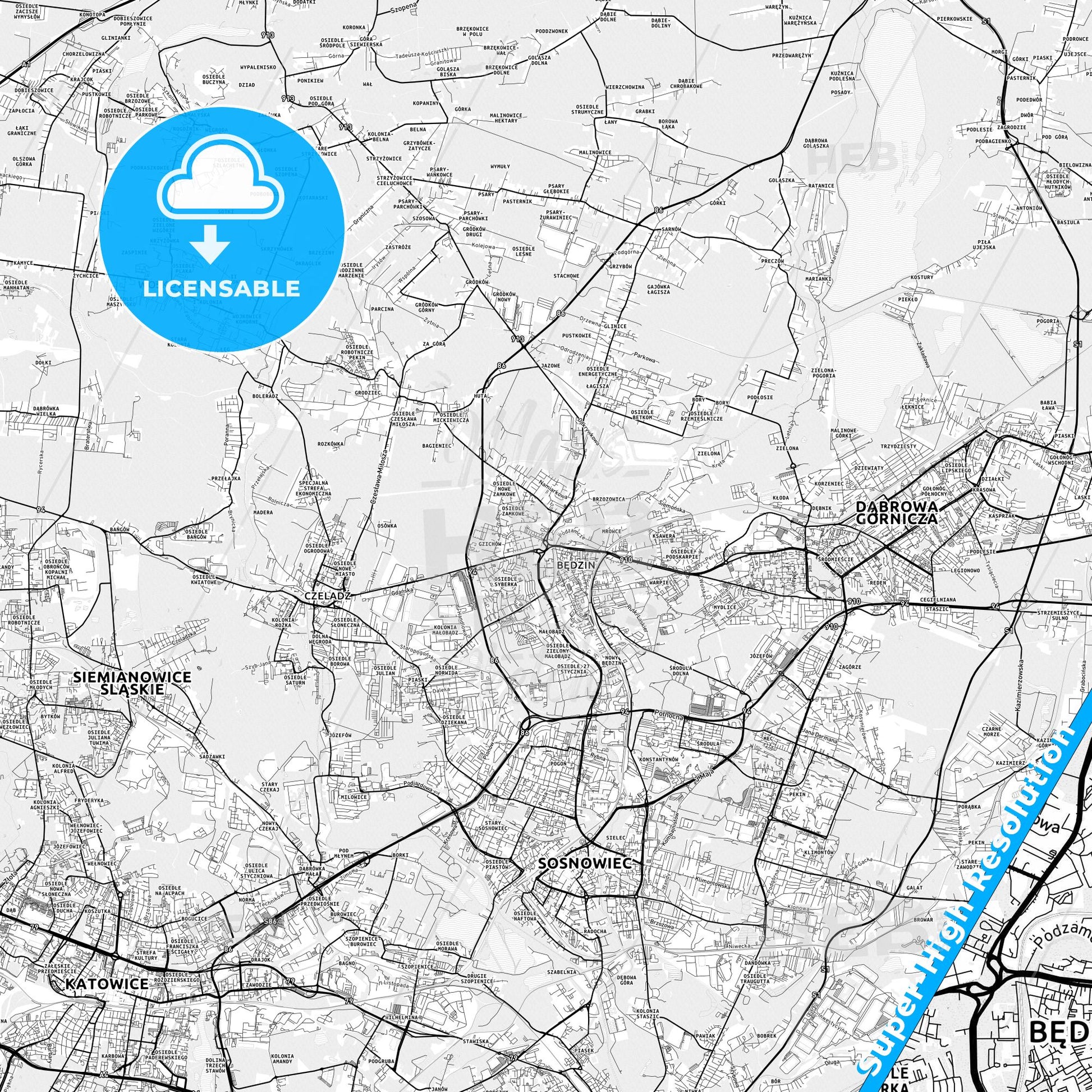 Będzin, Poland light map with streetnames, citynames and districts