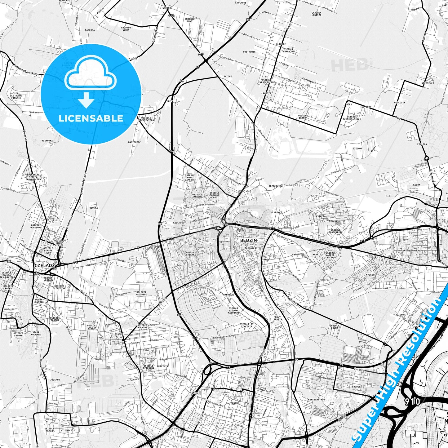 Będzin, Poland Light Map with Street Names, City Names, and Districts