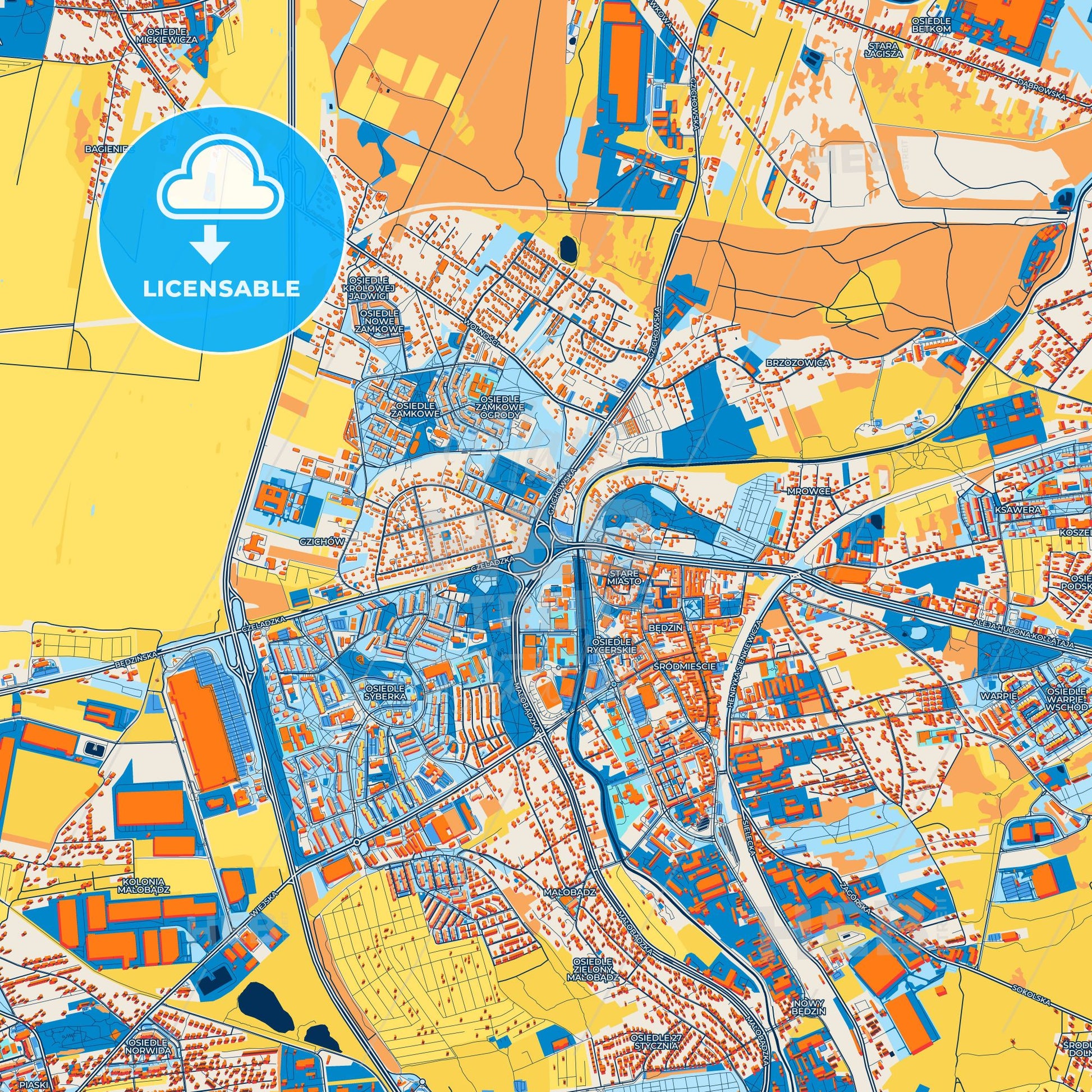 Colorful Będzin Street Map with Labels and Buildings