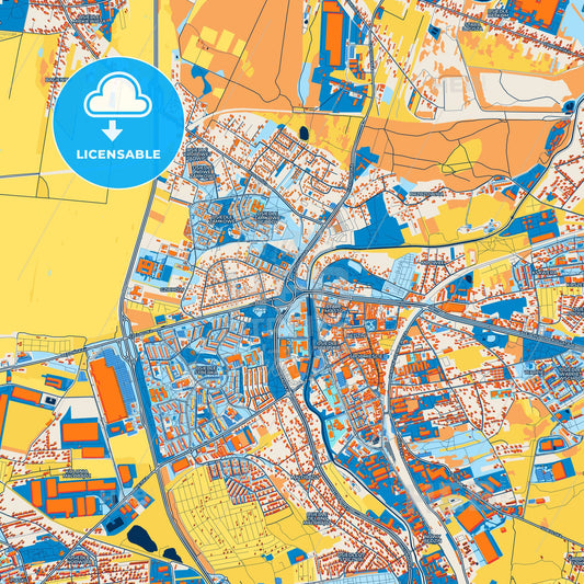 Colorful Będzin Street Map with Labels and Buildings