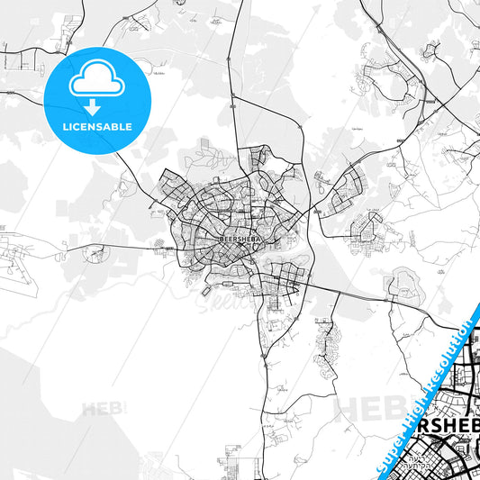 Beersheba, Israel light map with streetnames, citynames and districts