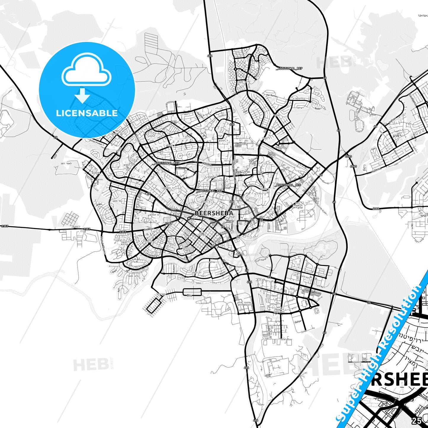 Beersheba, Israel Light Map with Street Names, City Names, and Districts