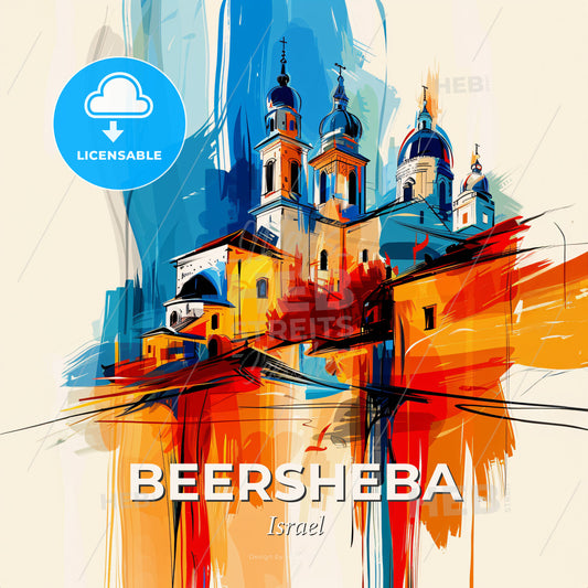 Vibrant Beersheba, Israel - A Painting Of A Building With Towers And A Blue And Orange Background - Square format print template