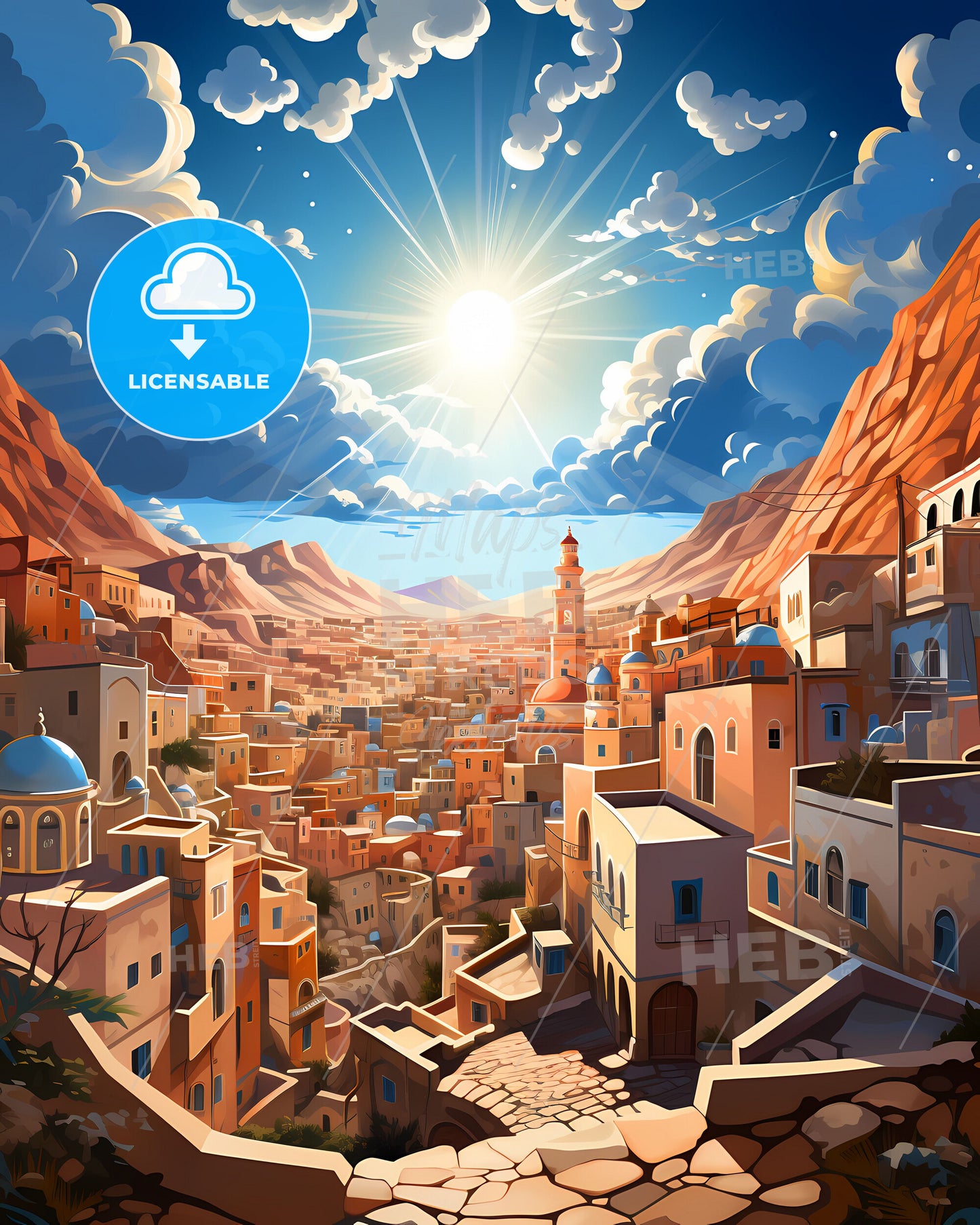 Beersheba Israel Skyline Art City in Valley Painting Vibrant Landscape Colorful Modern