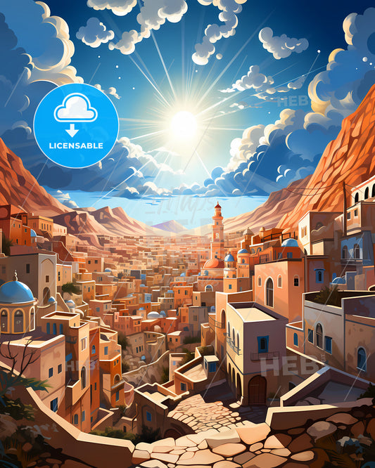 Beersheba Israel Skyline Art City in Valley Painting Vibrant Landscape Colorful Modern