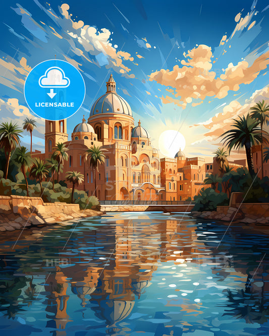 Watercolor Painting Artistic Beersheba Israel Cityscape Skyline River Dome Palm Trees