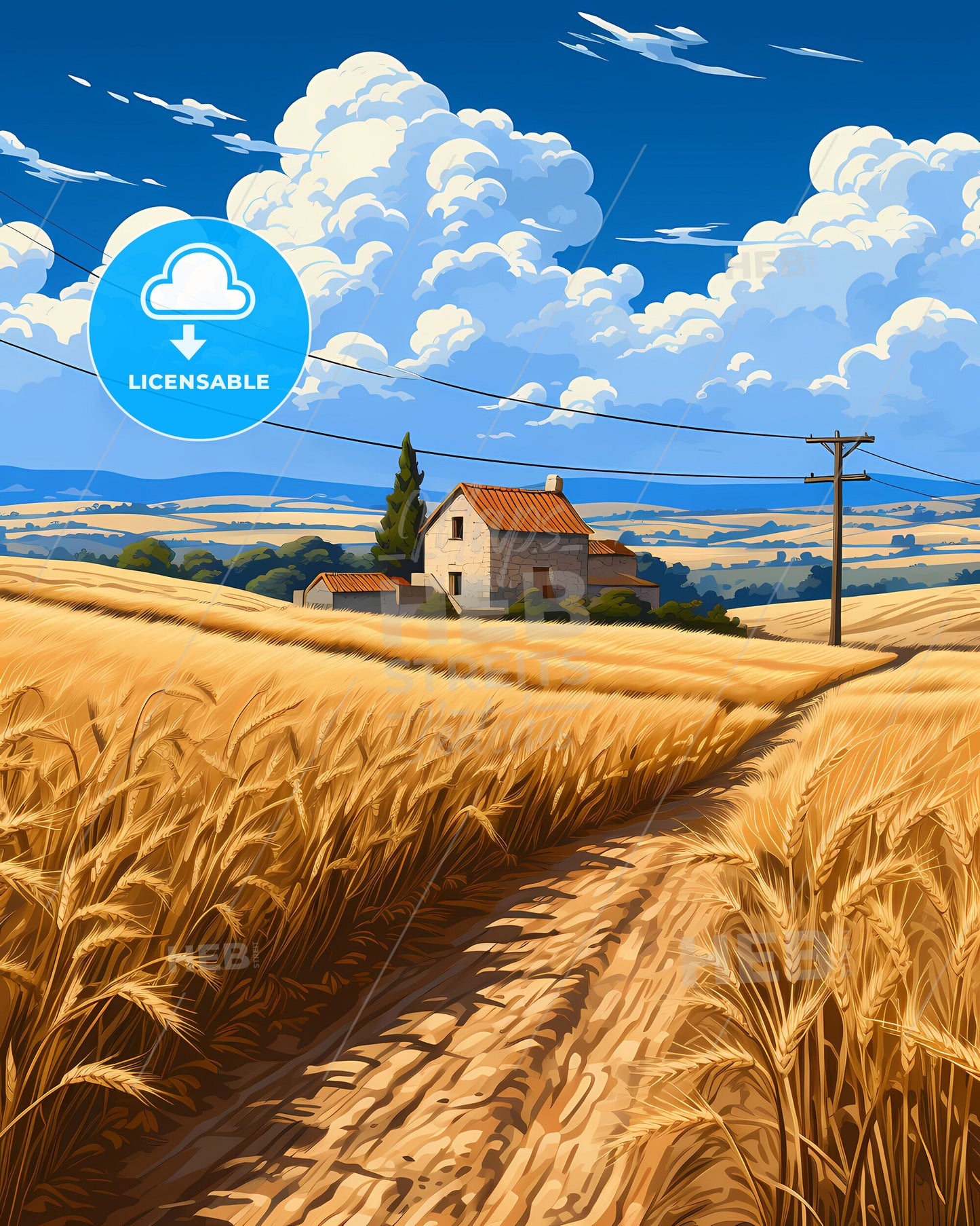 Art Painting of Beersheba Skyline, Israel with Dirt Road Through Wheat Field