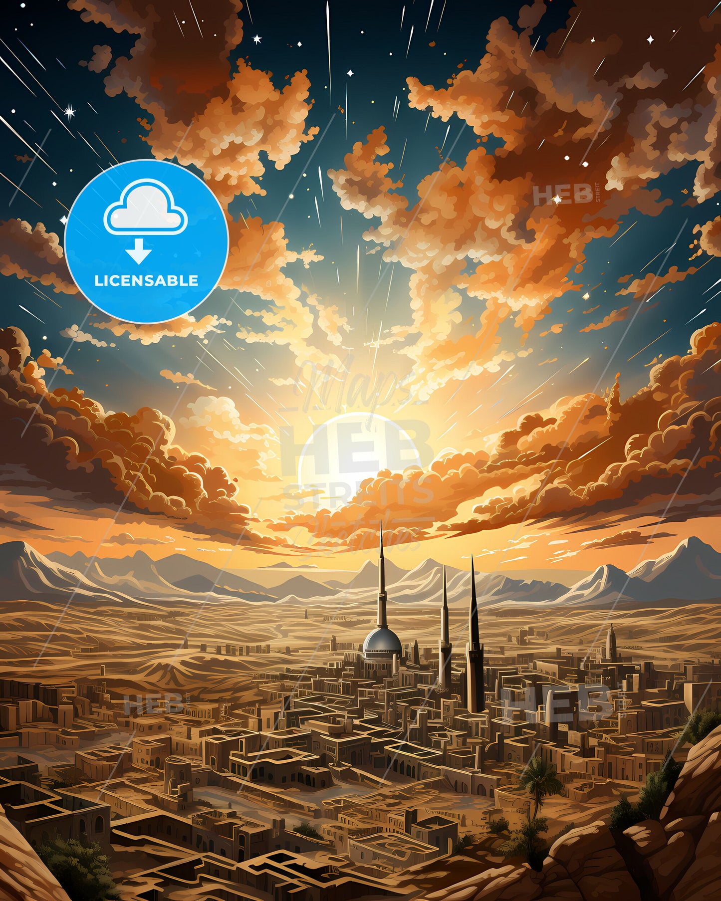 Cityscape Painting of Beersheba Israel, Vibrant Artwork with Skyline, Towers, and Mountains