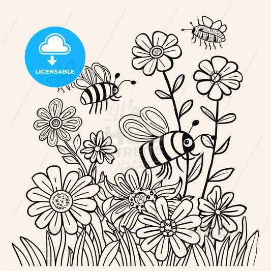 Bees And Flowers - A Drawing Of Bees And Flowers