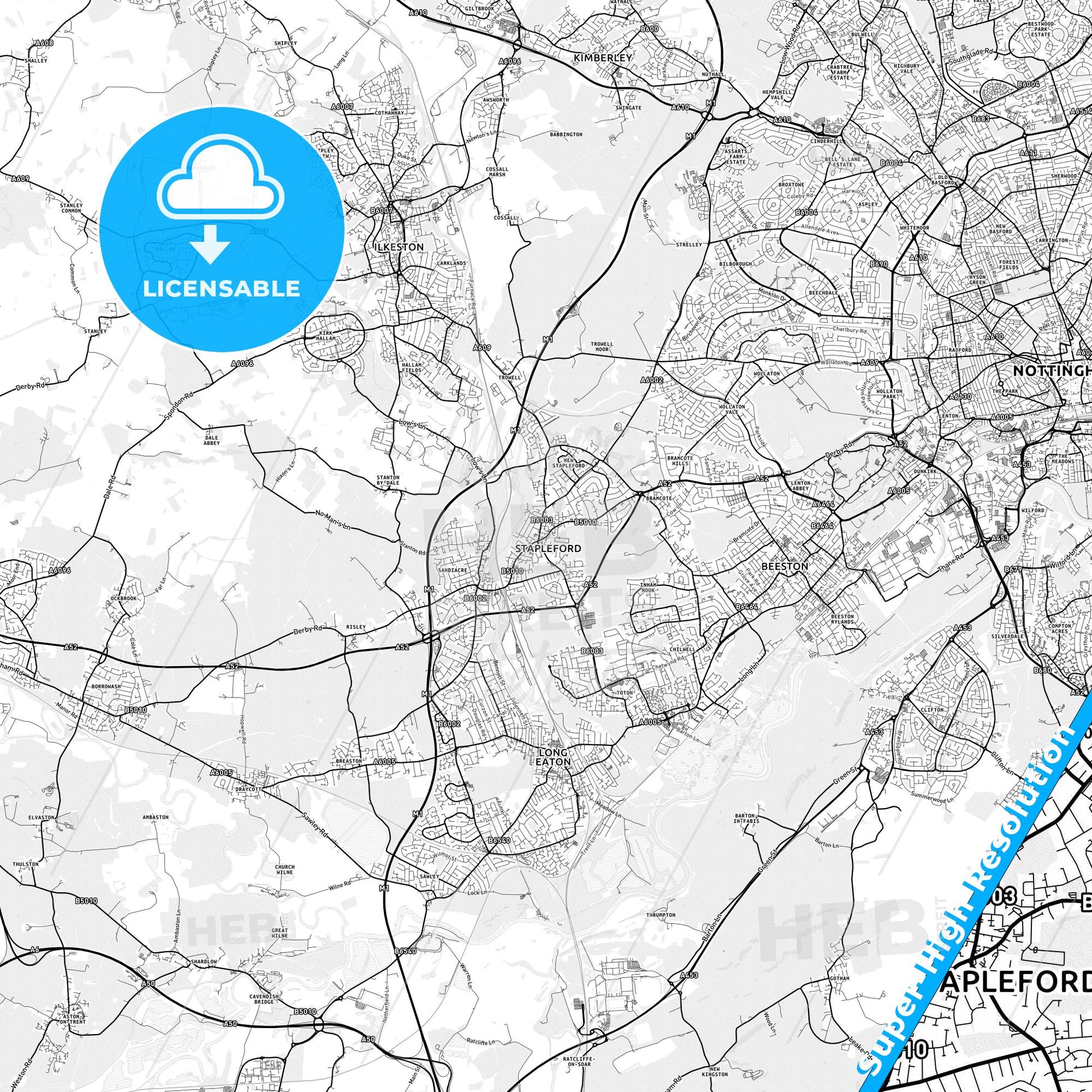 Beeston and Stapleford, England light map with streetnames, citynames and districts