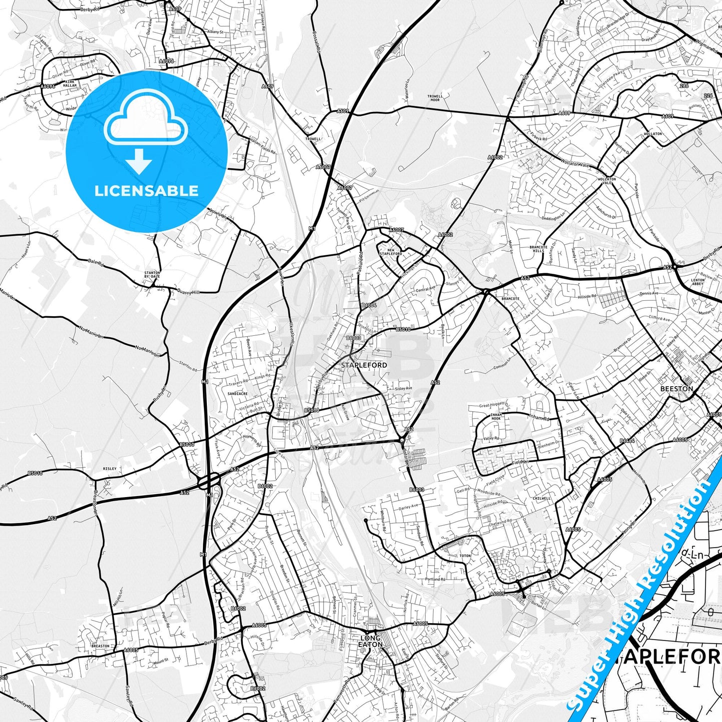 Beeston and Stapleford, England Light Map with Street Names, City Names, and Districts