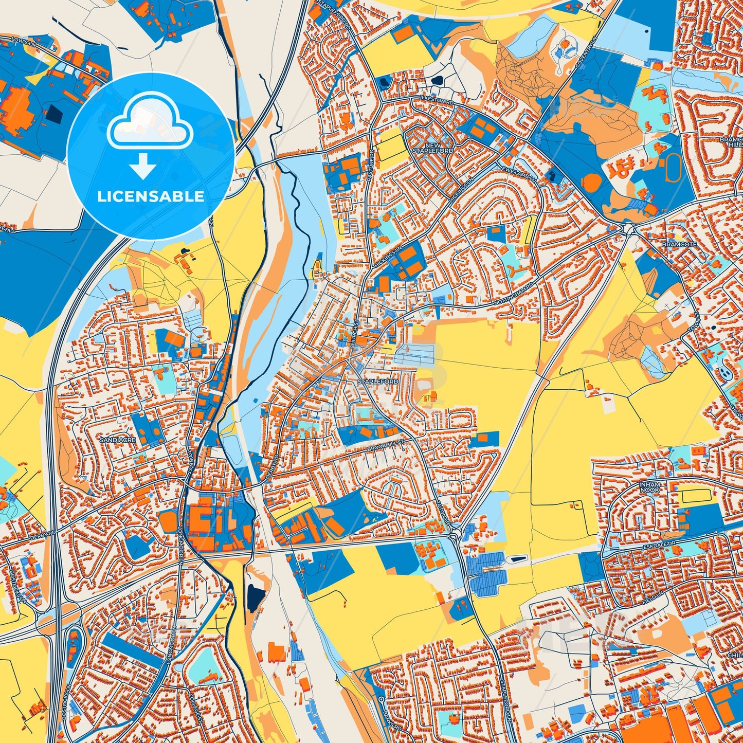 Colorful Beeston and Stapleford Street Map with Labels and Buildings