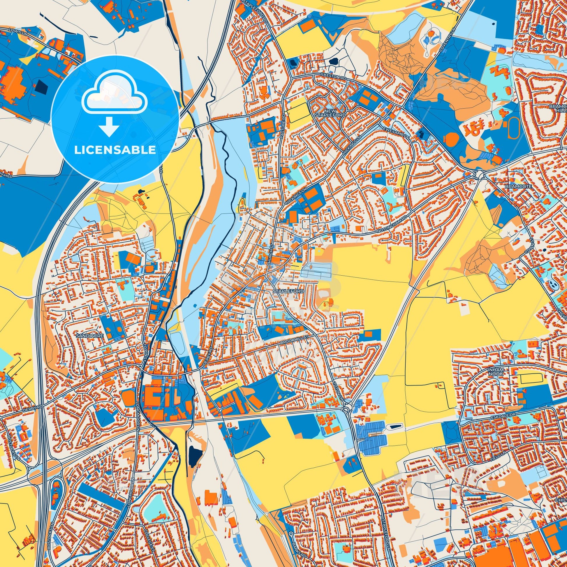 Colorful Beeston and Stapleford Street Map with Labels and Buildings