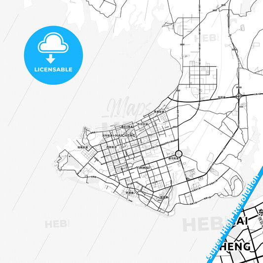 Beihai, China light map with streetnames, citynames and districts