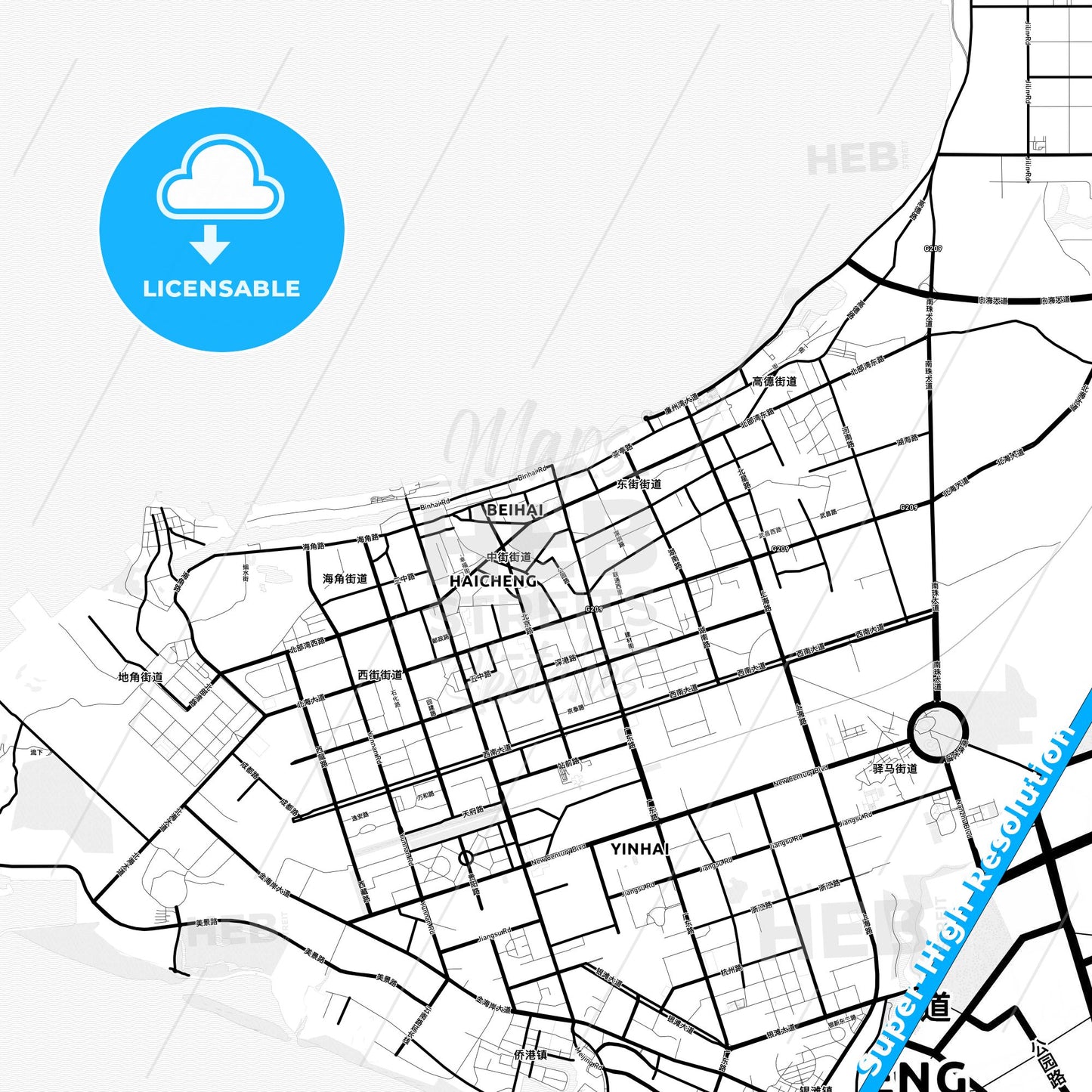 Beihai, China Light Map with Street Names, City Names, and Districts