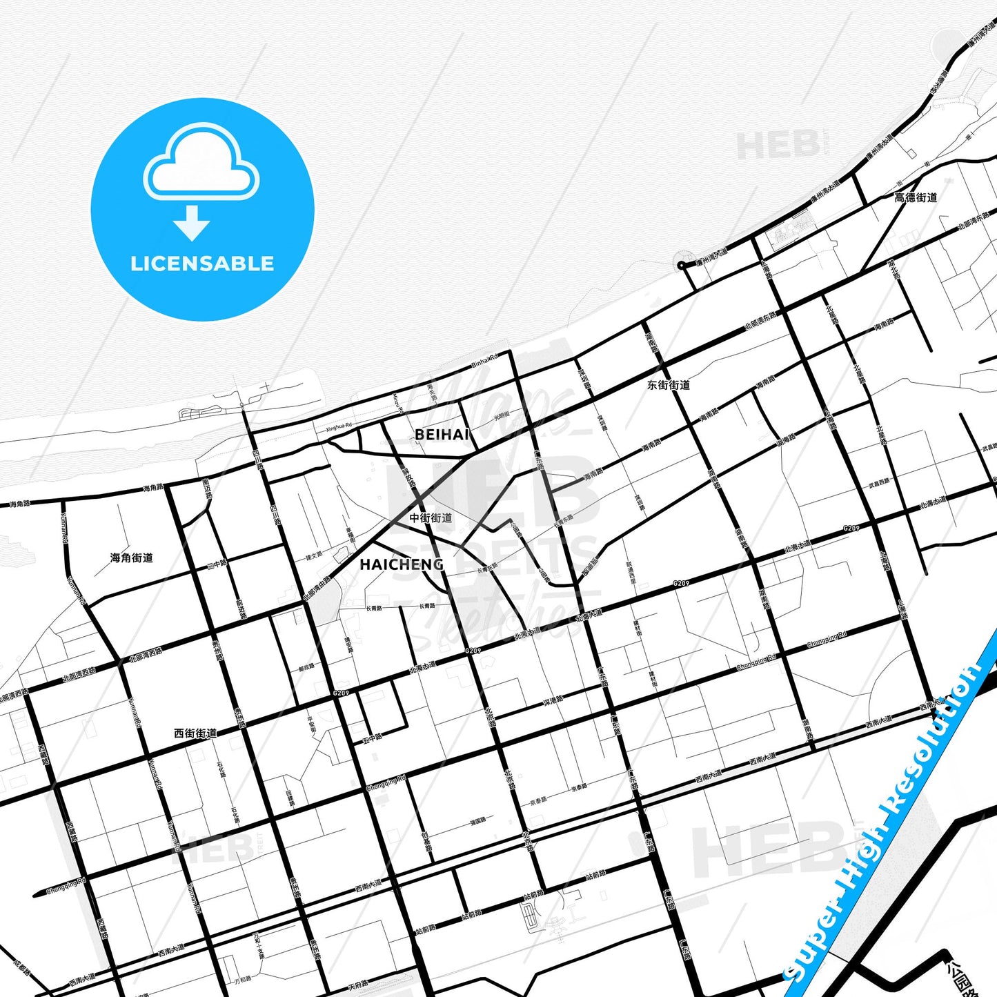 Beihai, China Light Map with Street Names, City Names, and Districts