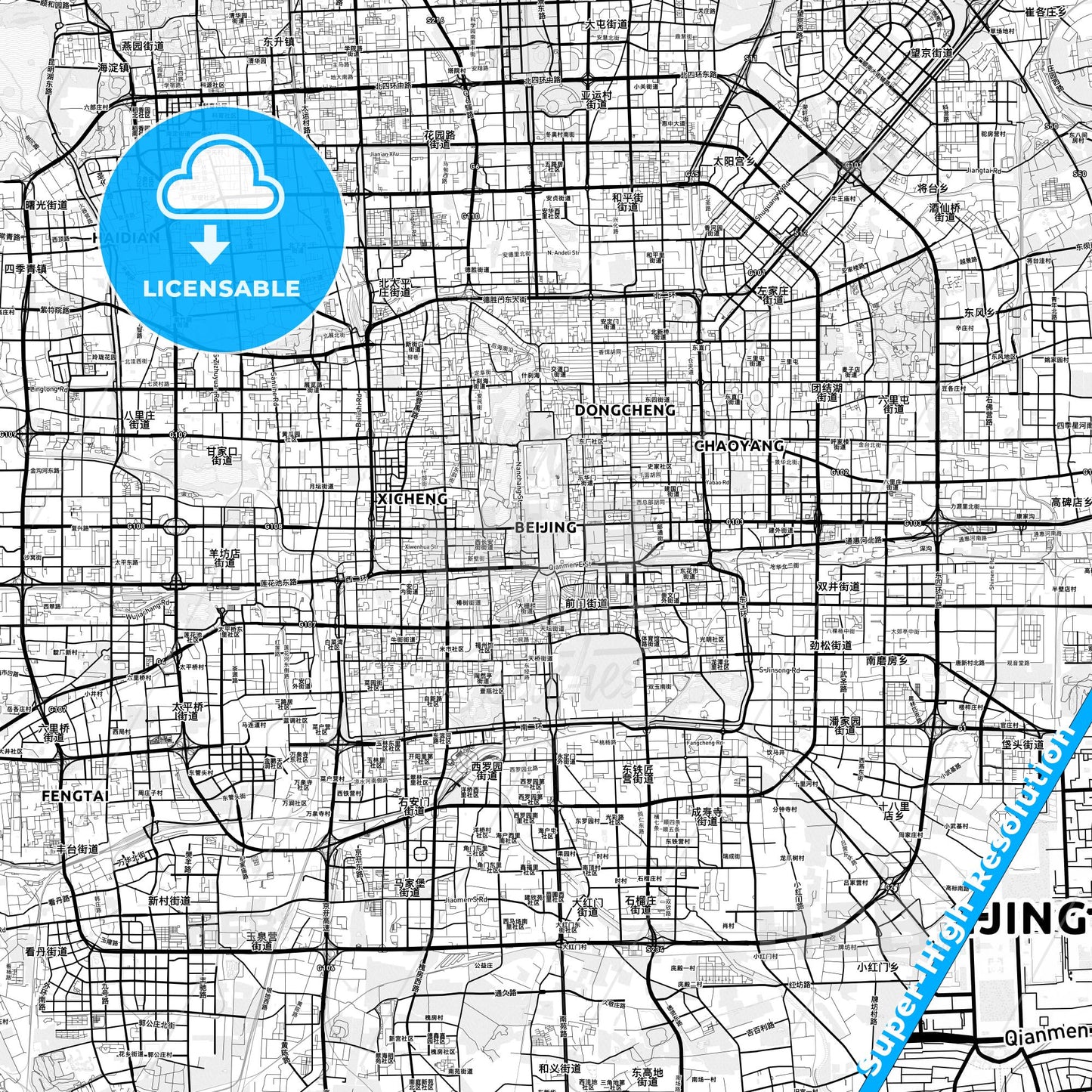 Beijing, China light map with streetnames, citynames and districts