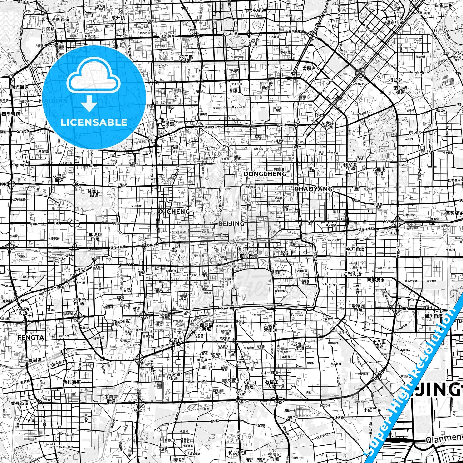 Beijing, China light map with streetnames, citynames and districts