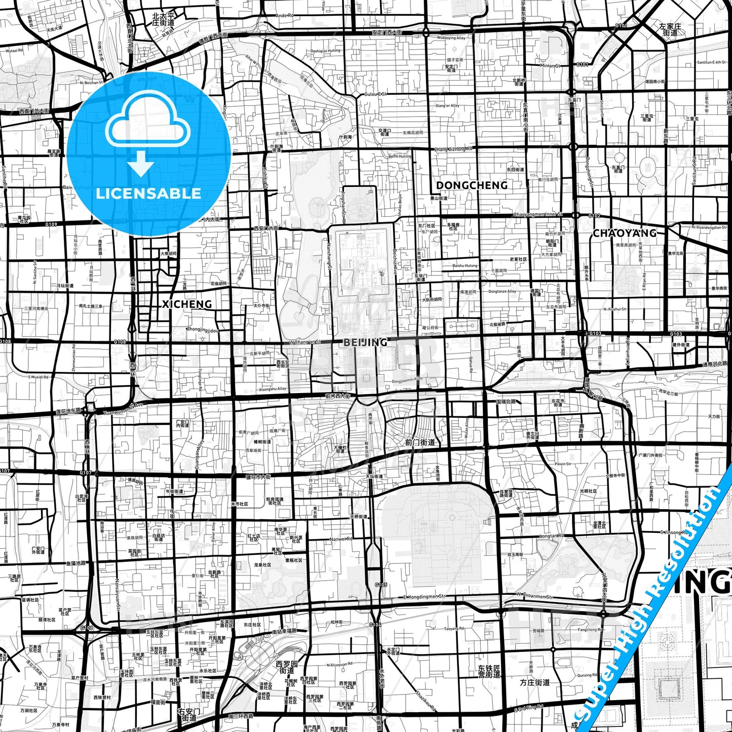 Beijing, China Light Map with Street Names, City Names, and Districts