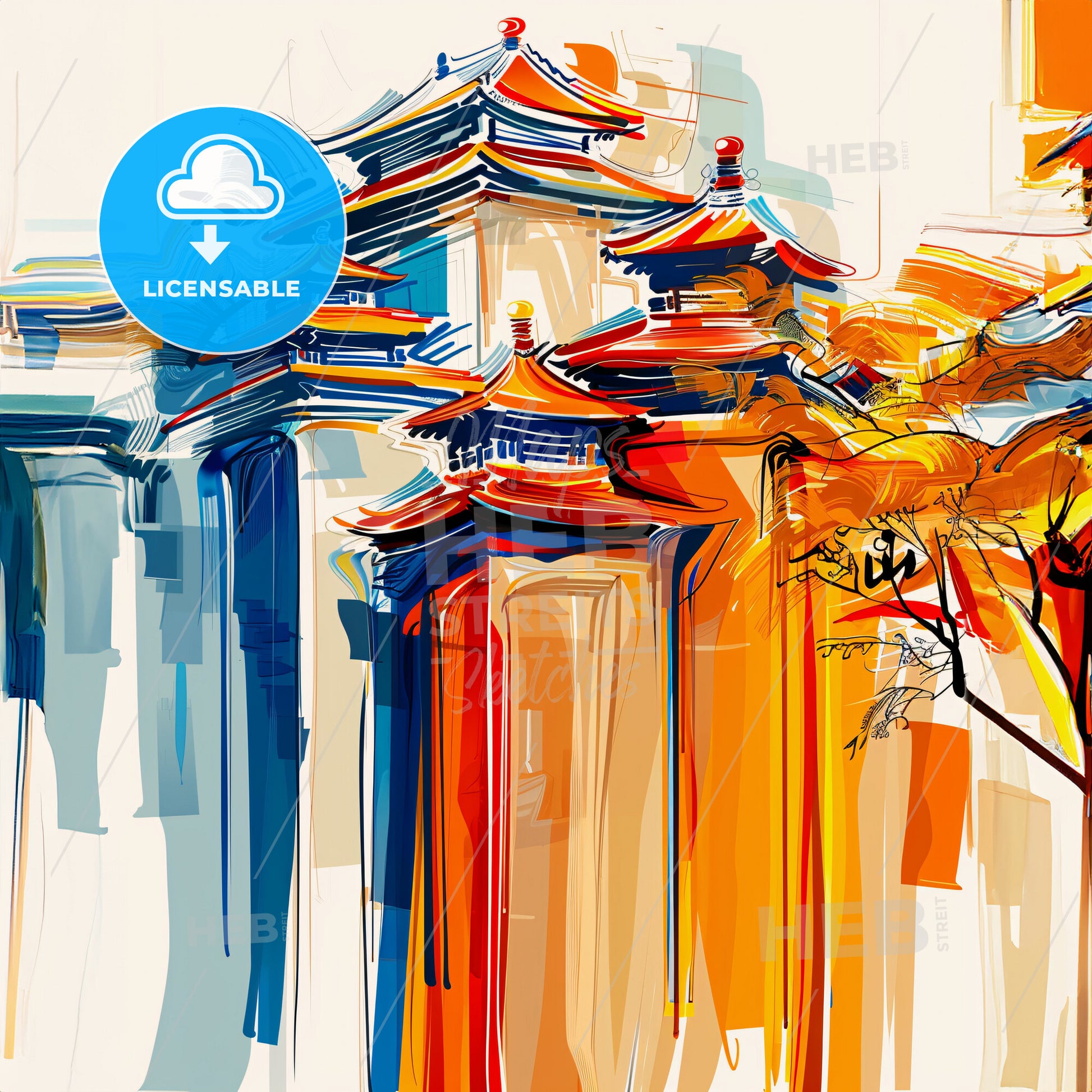 Vibrant Beijing, China - A Painting Of Buildings With A Tree