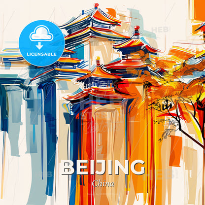 Vibrant Beijing, China - A Painting Of Buildings With A Tree - Square format print template