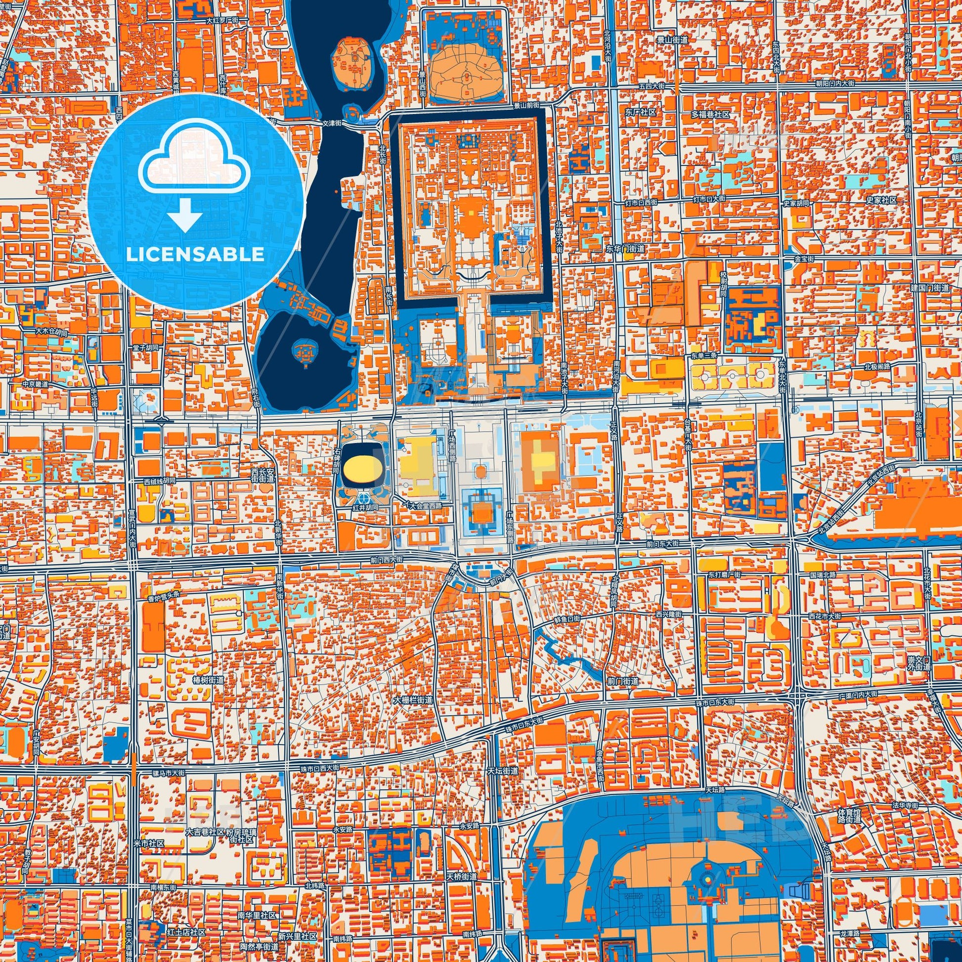 Colorful Beijing Street Map with Labels and Buildings