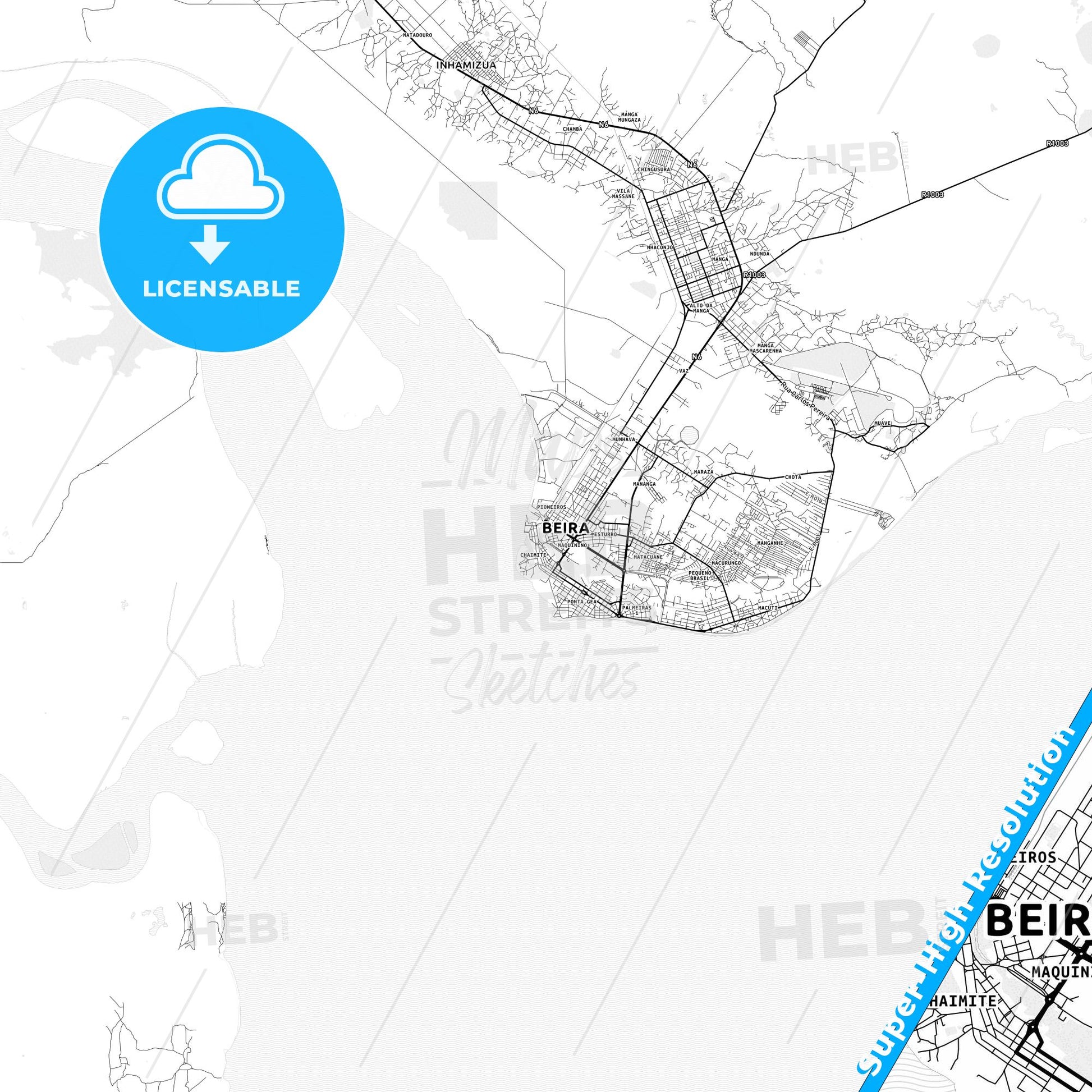 Beira, Mozambique light map with streetnames, citynames and districts
