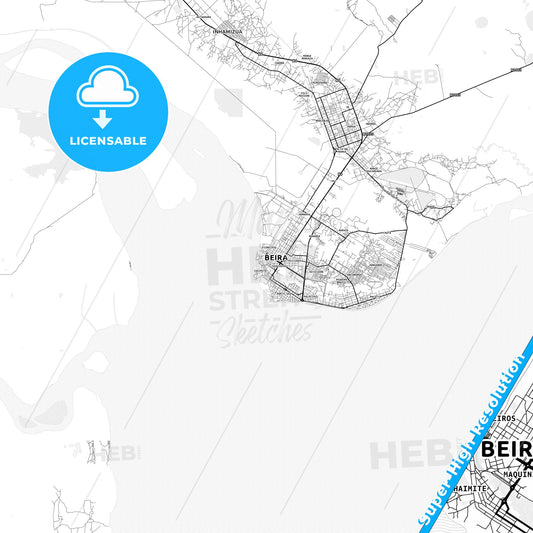 Beira, Mozambique light map with streetnames, citynames and districts