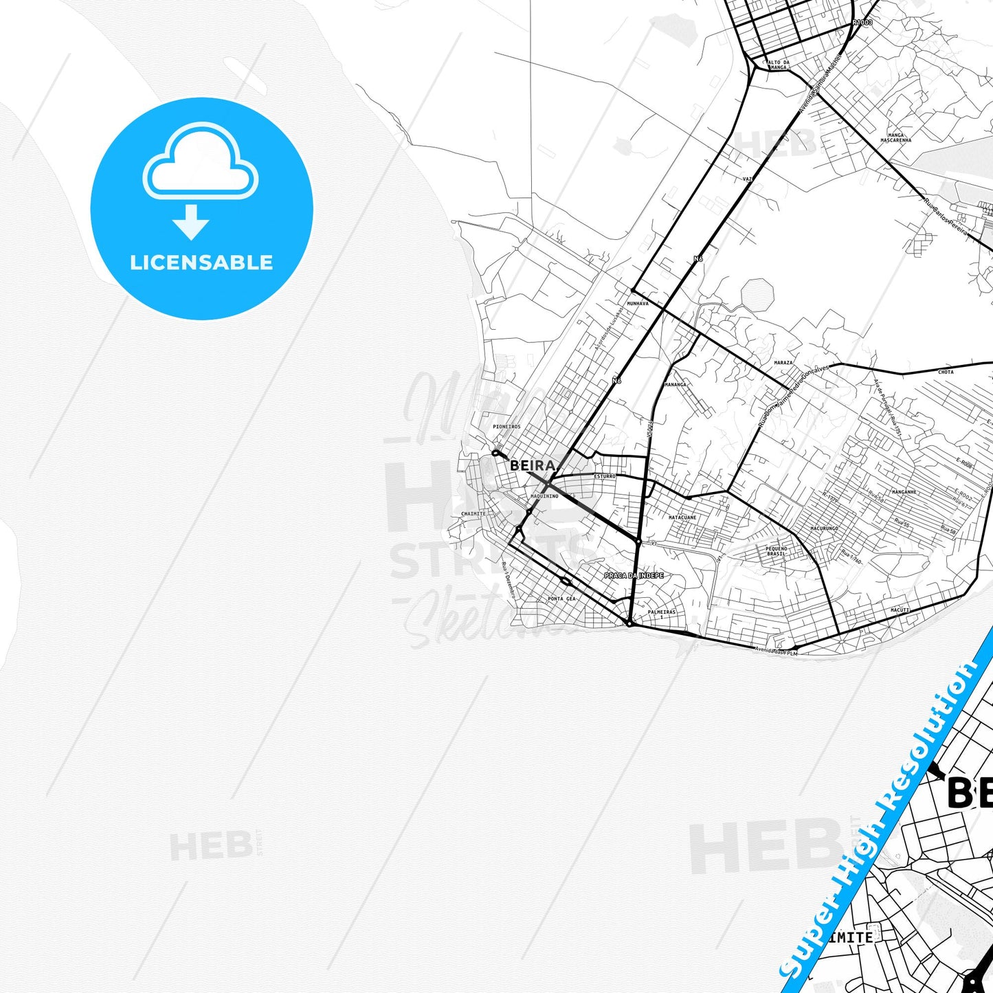 Beira, Mozambique Light Map with Street Names, City Names, and Districts