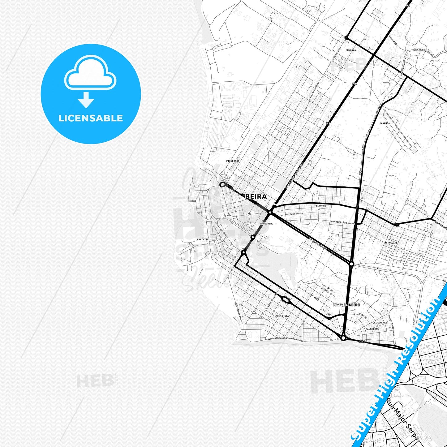 Beira, Mozambique Light Map with Street Names, City Names, and Districts