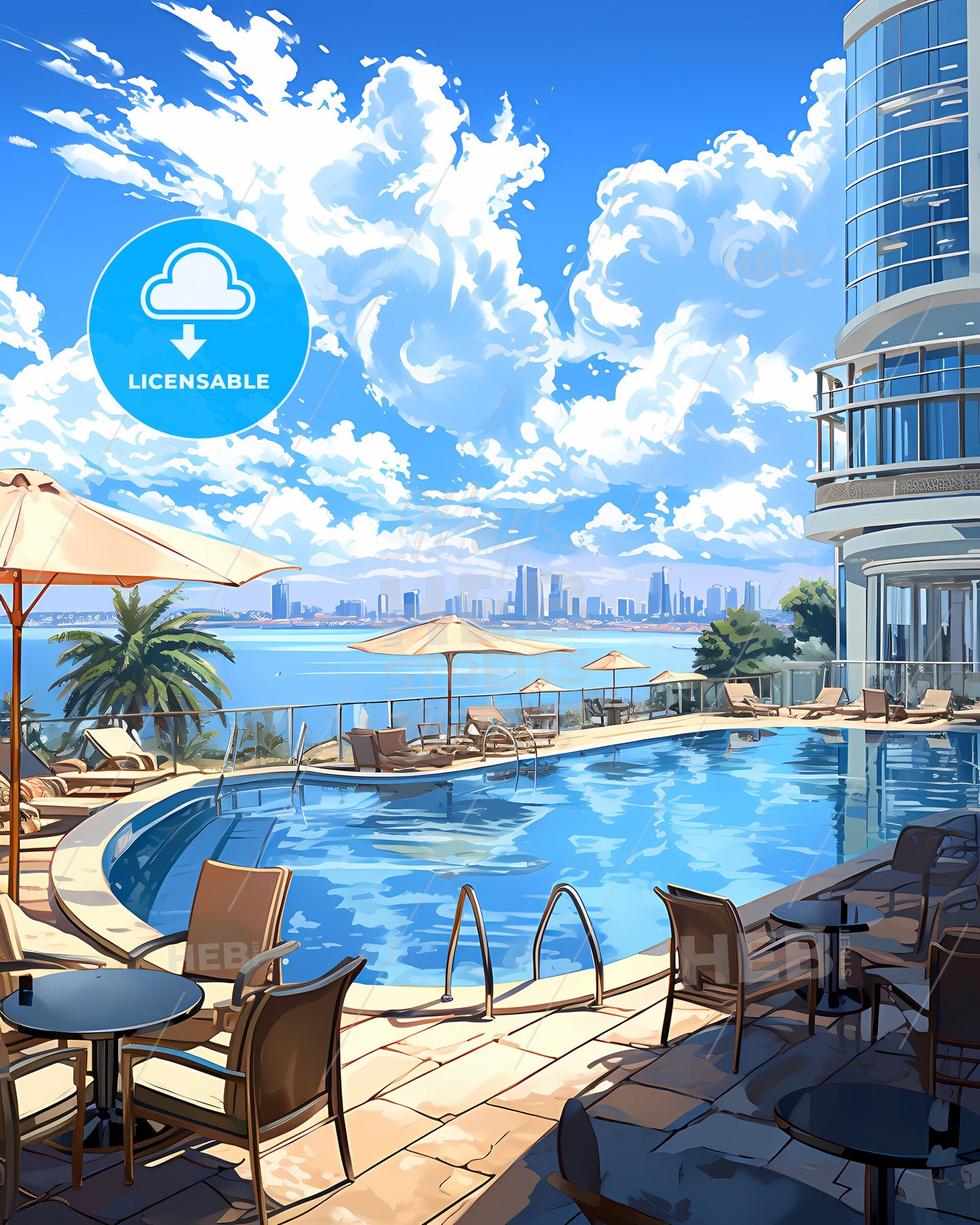 Beira Mozambique Skyline Painting Cityscape Art Vibrant Modern Pool Building Landscape