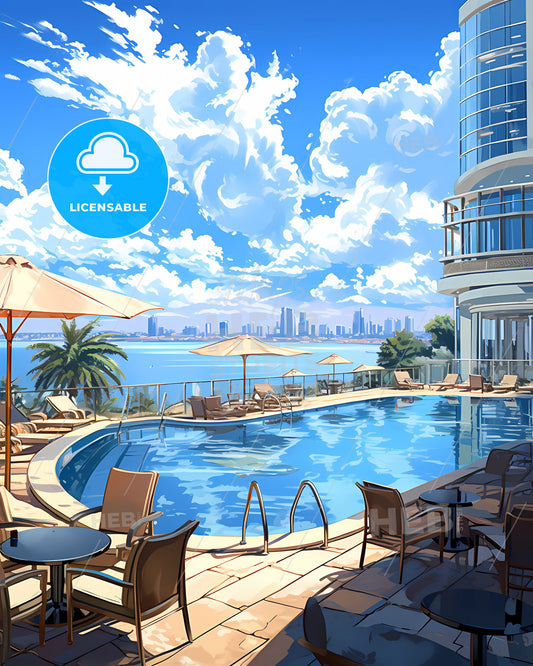 Beira Mozambique Skyline Painting Cityscape Art Vibrant Modern Pool Building Landscape