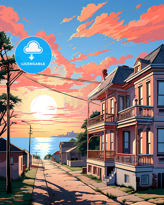 Beira Mozambique Cityscape Street Colorful Sunset Artwork Painting Architecture Buildings