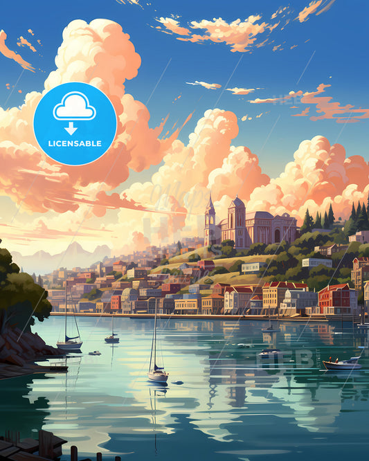 Vibrant Skyline Painting of Beira City Mozambique Coastline Housing Boats Boats