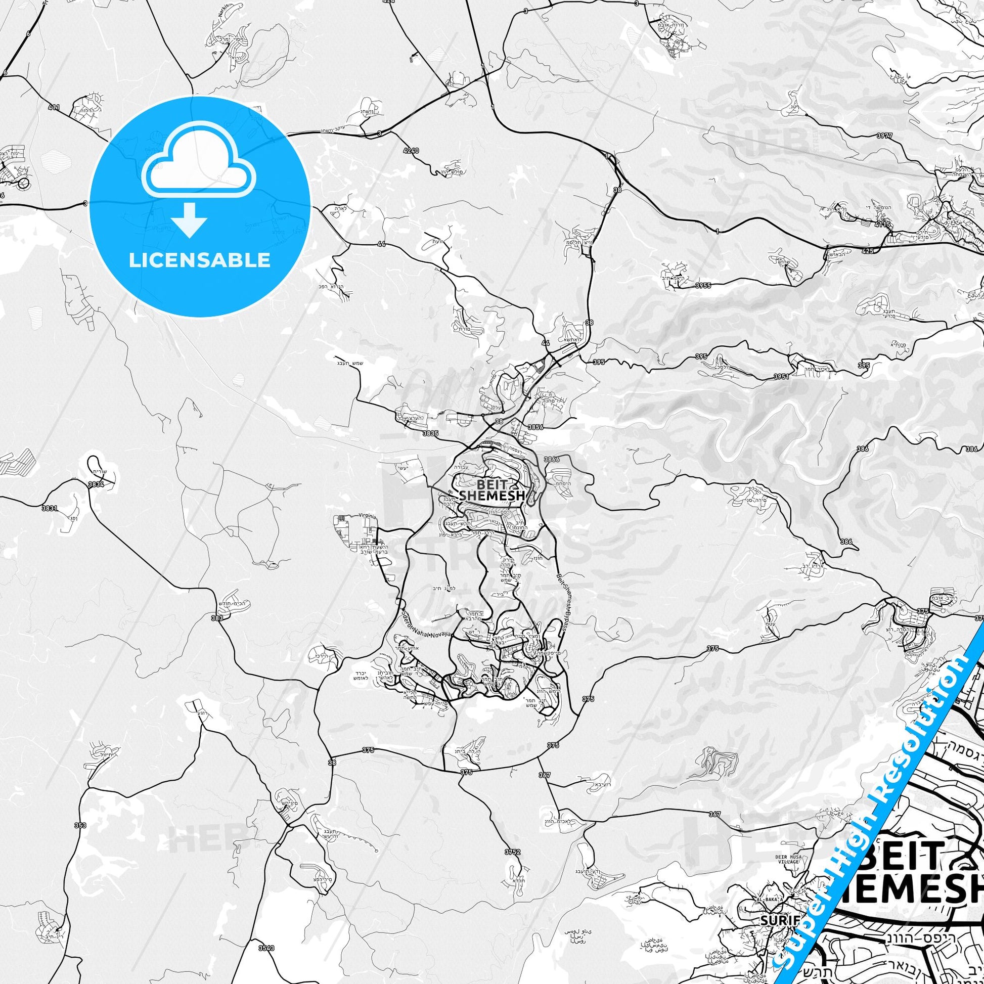 Beit Shemesh, Israel light map with streetnames, citynames and districts