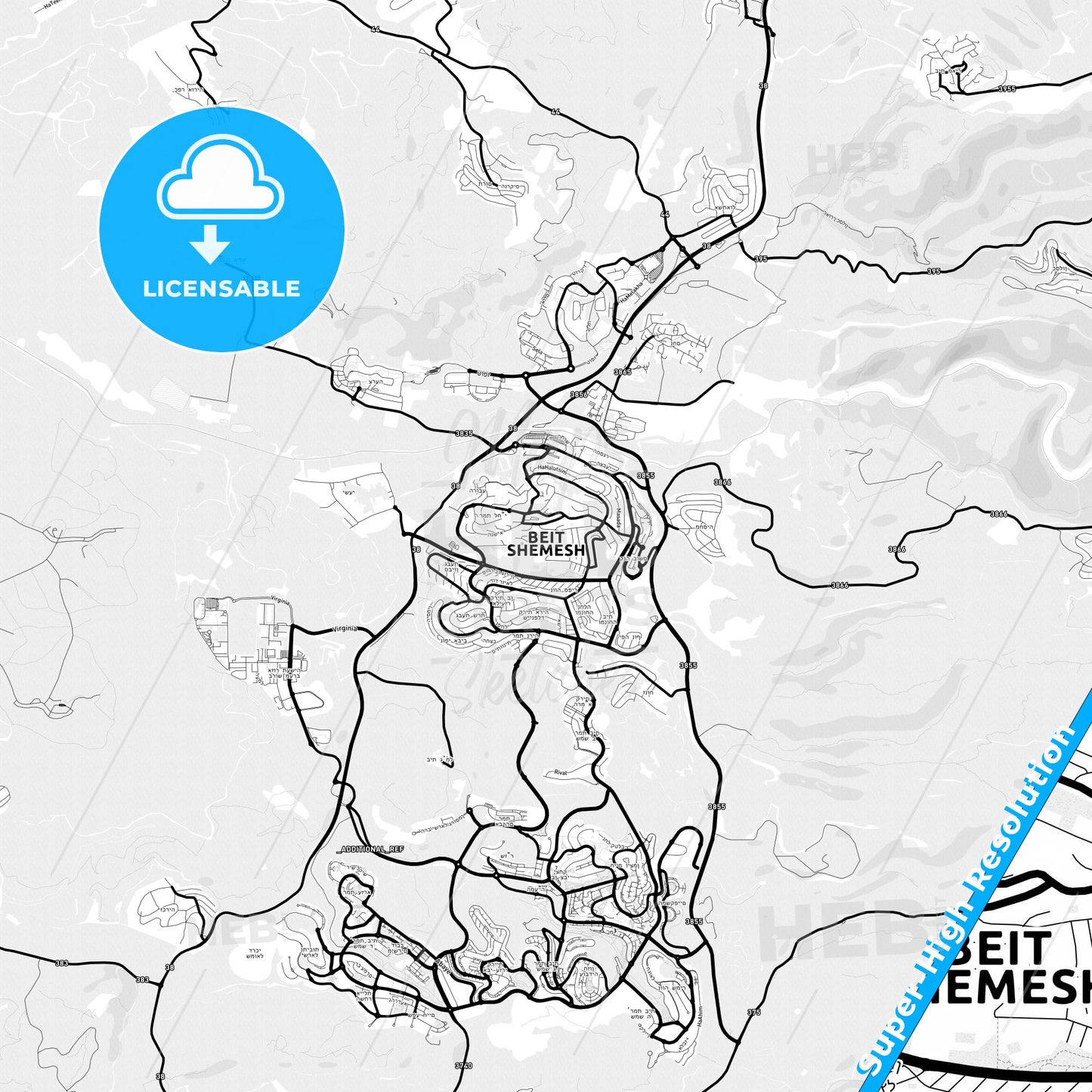 Beit Shemesh, Israel Light Map with Street Names, City Names, and Districts