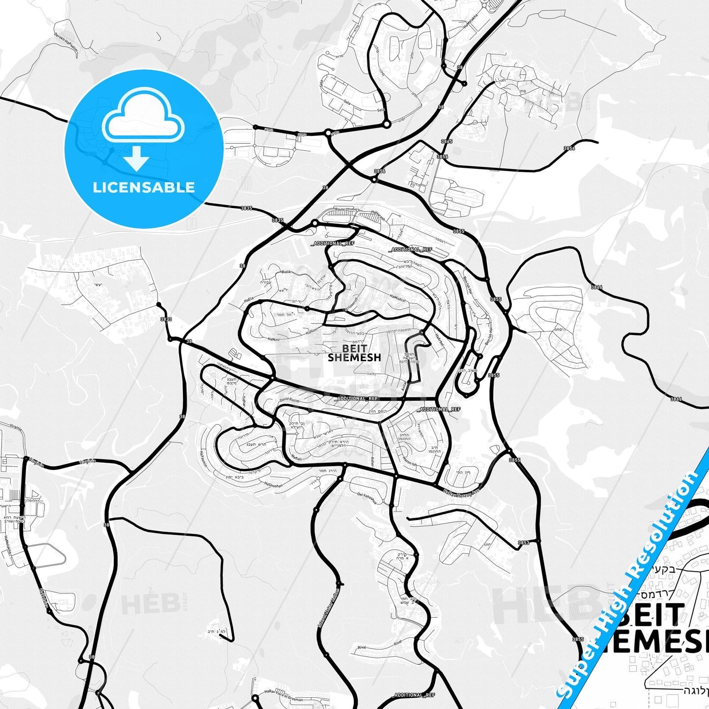 Beit Shemesh, Israel Light Map with Street Names, City Names, and Districts