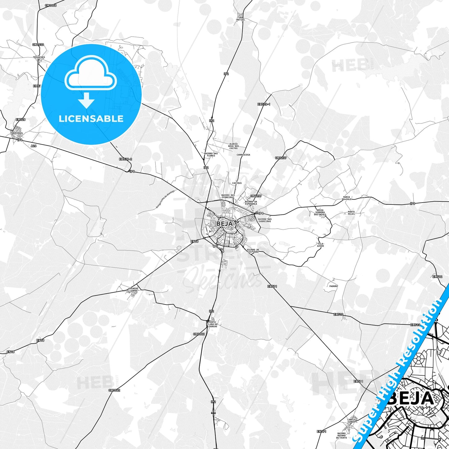 Beja, Portugal light map with streetnames, citynames and districts