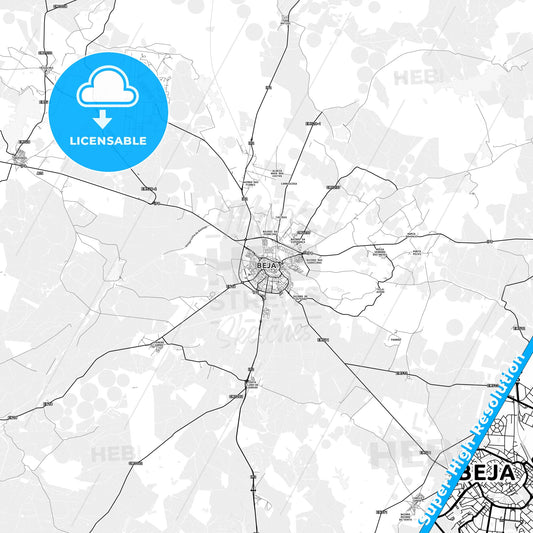 Beja, Portugal light map with streetnames, citynames and districts
