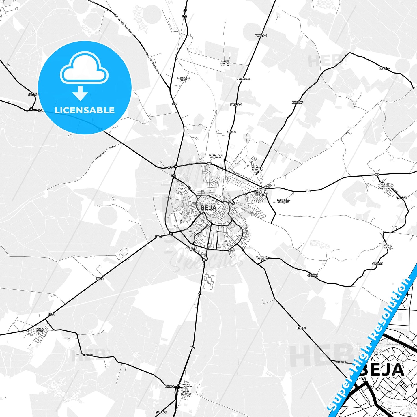 Beja, Portugal Light Map with Street Names, City Names, and Districts