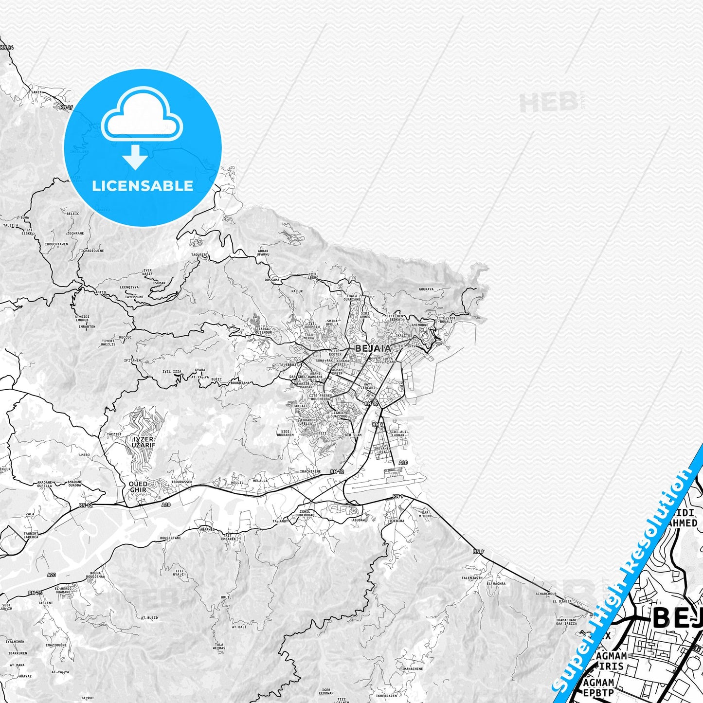Bejaia, Algeria light map with streetnames, citynames and districts